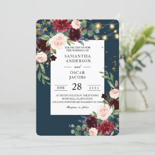 Rustic Burgundy Navy Blue & Red Flowers & Lights Invitation