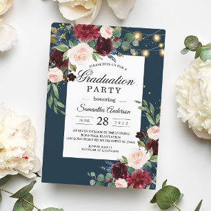 Rustic Burgundy Navy Blue & Red Flowers  & Lights Invitation