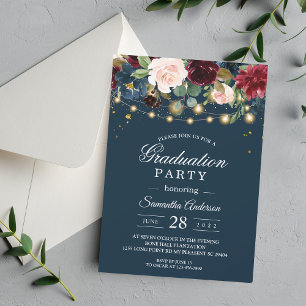 Rustic Burgundy Navy Blue & Red  Flowers  & Lights Invitation