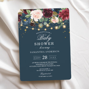 Rustic Burgundy Navy Blue & Red Flowers & Lights Invitation