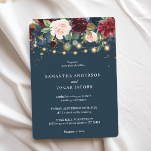 Rustic Burgundy Navy Blue & Red Flowers & Lights Invitation