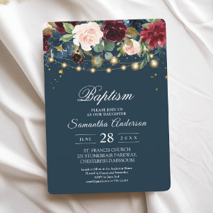 Rustic Burgundy Navy Blue & Red  Flowers  & Lights Invitation