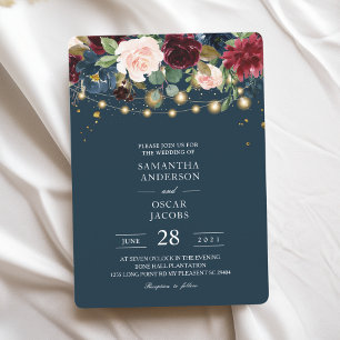 Rustic Burgundy Navy Blue & Red Flowers & Lights Invitation
