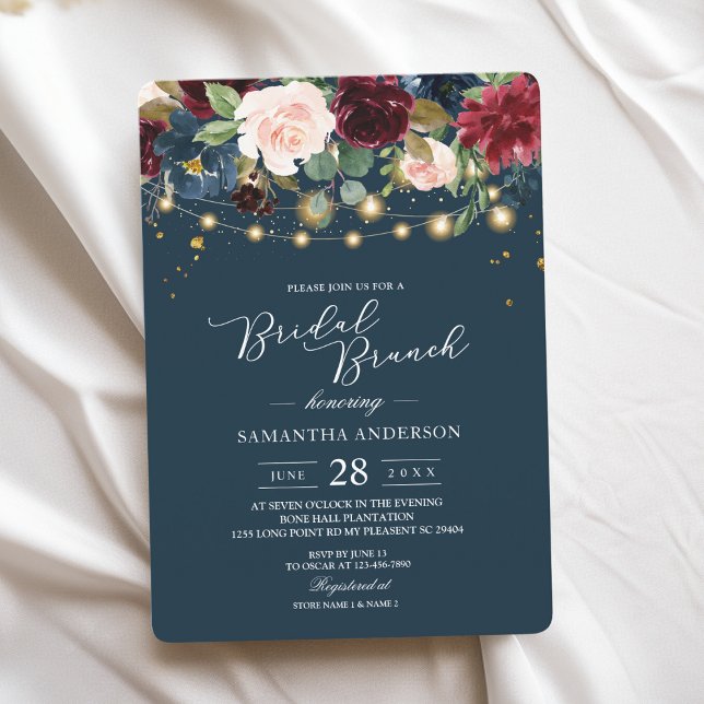 Rustic Burgundy Navy Blue & Red  Flowers  & Lights Invitation (Creator Uploaded)