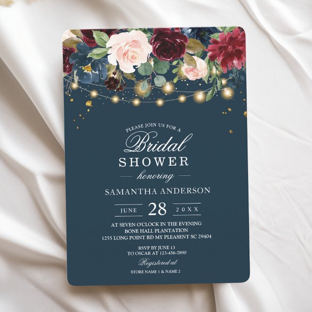Rustic Burgundy Navy Blue & Red  Flowers  & Lights Invitation (Creator Uploaded)