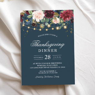 Rustic Burgundy Navy Blue & Red  Flowers  & Lights Invitation