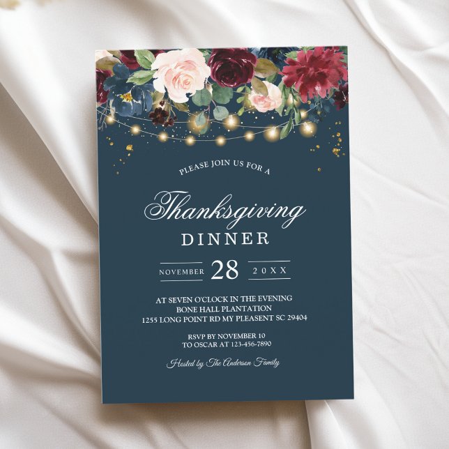 Rustic Burgundy Navy Blue & Red  Flowers  & Lights Invitation (Creator Uploaded)