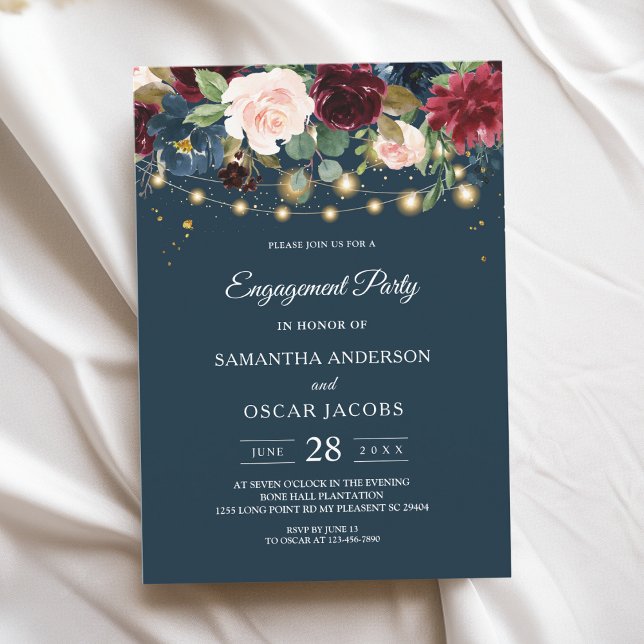 Rustic Burgundy Navy Blue & Red  Flowers  & Lights Invitation (Creator Uploaded)