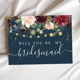 Rustic Burgundy Navy Blue & Red Flowers & Lights Invitation Postcard