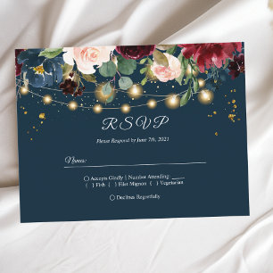 Rustic Burgundy Navy Blue & Red Flowers & Lights Invitation Postcard
