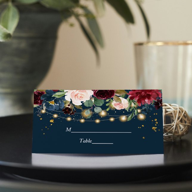 Rustic Burgundy Navy Blue & Red  Flowers  & Lights Place Card (Creator Uploaded)