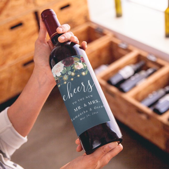 Rustic Burgundy Navy Blue & Red  Flowers  & Lights Wine Label (Creator Uploaded)