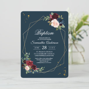 Rustic Burgundy Navy Blue & Red Gold Flowers Frame Invitation