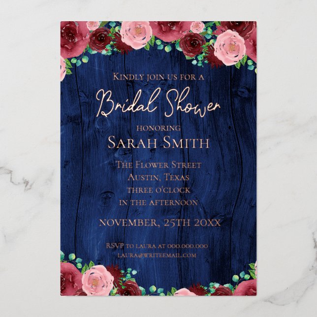 Rustic Burgundy Navy Blue Rose Gold Bridal Shower (Front)