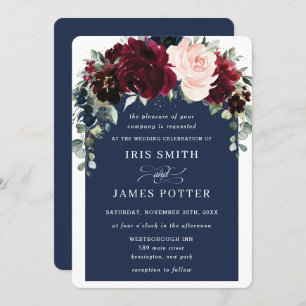 Rustic Burgundy Navy Blush Floral Arch Wedding Invitation