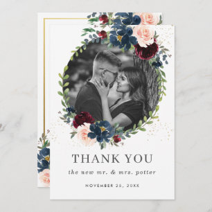 Rustic Burgundy Navy Blush Floral Wedding Photo Thank You Card