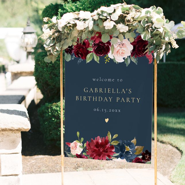 Rustic Burgundy Navy Floral Birthday Party Welcome Poster (Creator Uploaded)