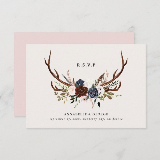 Rustic burgundy navy floral botanical wedding enclosure card (Front/Back)
