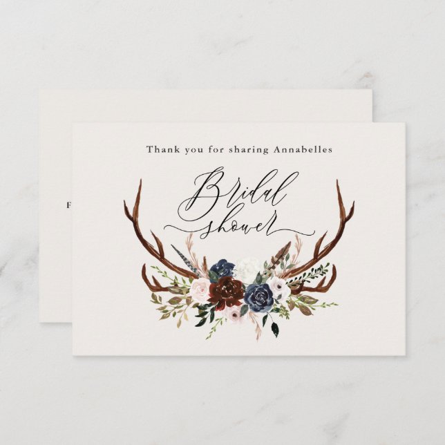 Rustic burgundy navy floral bridal shower thank  enclosure card (Front/Back)