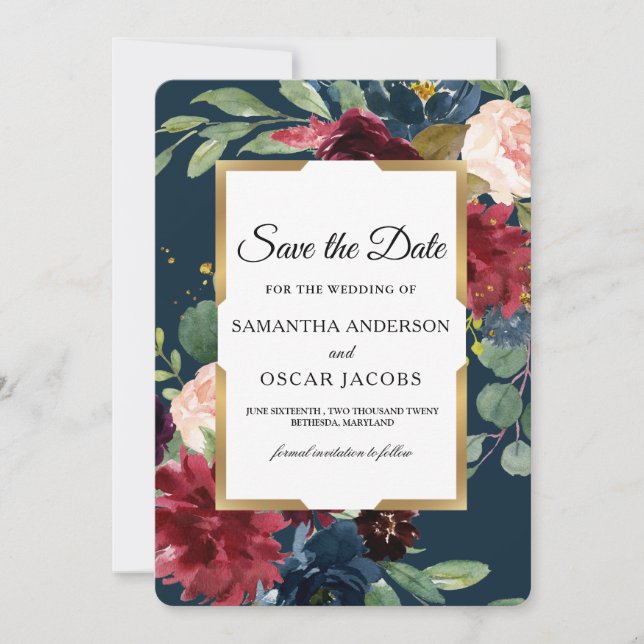 Rustic Burgundy & Navy Floral Gold Frame Save The Date (Front)