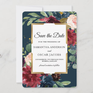 Rustic Burgundy & Navy Floral Gold Frame Save The Date