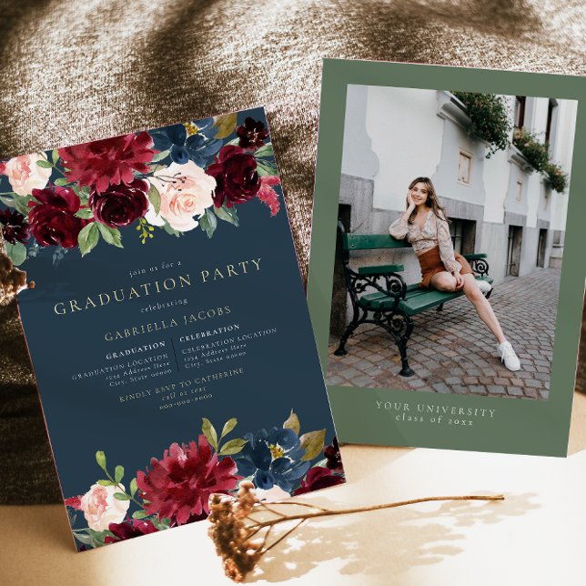 Rustic Burgundy & Navy Floral Greenery Graduation  Invitation (Creator Uploaded)