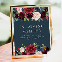 Rustic Burgundy Navy Floral In Loving Memory Sign