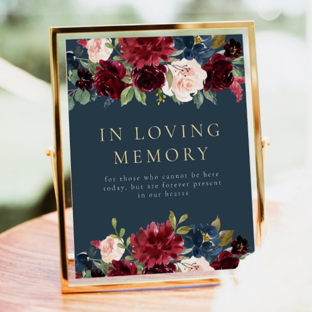 Rustic Burgundy Navy Floral In Loving Memory Sign (Creator Uploaded)