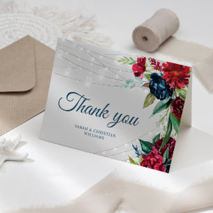 Rustic Burgundy Navy Floral Lights  Thank You Card