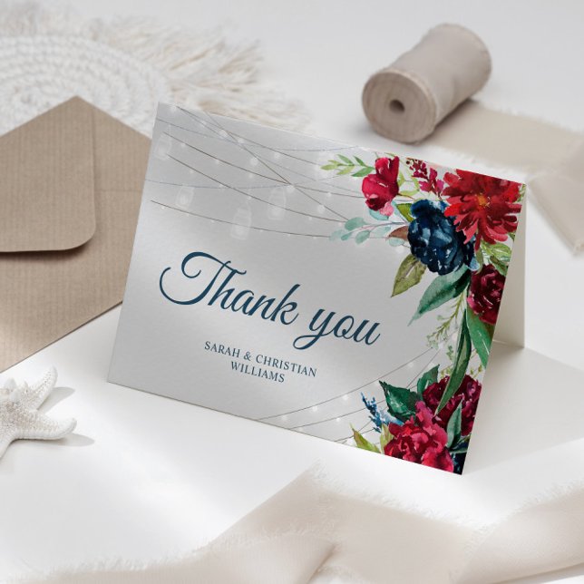 Rustic Burgundy Navy Floral Lights  Thank You Card (Creator Uploaded)