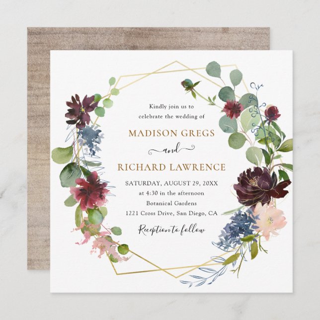 Rustic Burgundy Navy Florals Wedding Invitation (Front/Back)