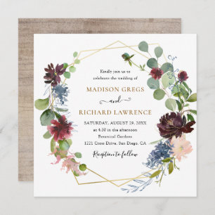 Rustic Burgundy Navy Florals Wedding Invitation