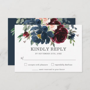 Rustic Burgundy Navy Pink Floral Wedding RSVP Card