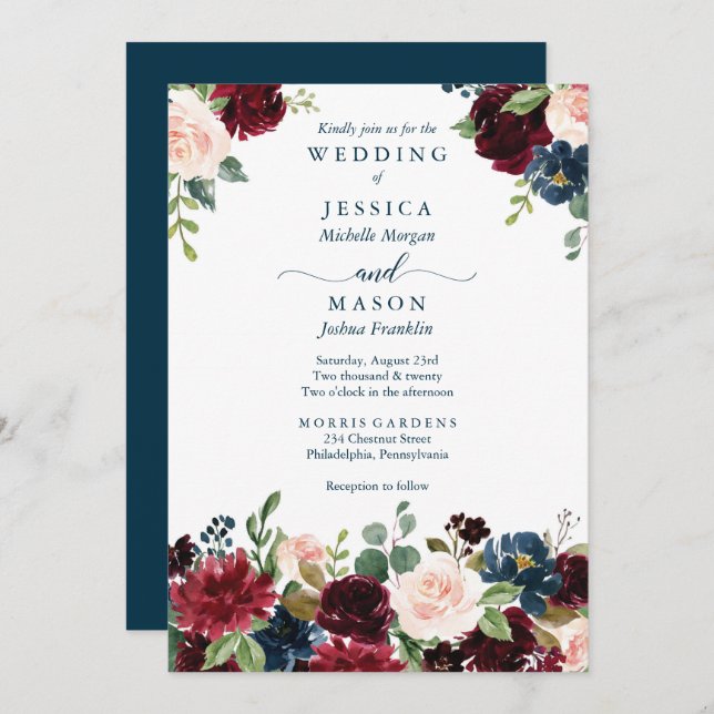 Rustic Burgundy Navy Wedding Invitation (Front/Back)