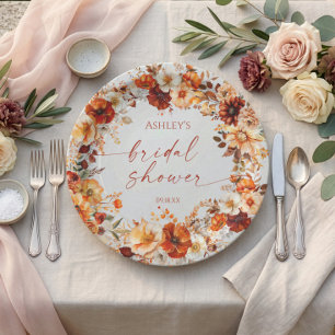 Rustic Burgundy Orange Floral Bridal Shower Paper Plate