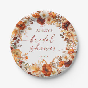 Rustic Burgundy Orange Floral Bridal Shower Paper Plate