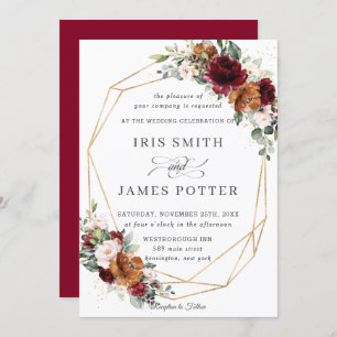 Rustic Burgundy Orange Floral Wedding Geometric Invitation