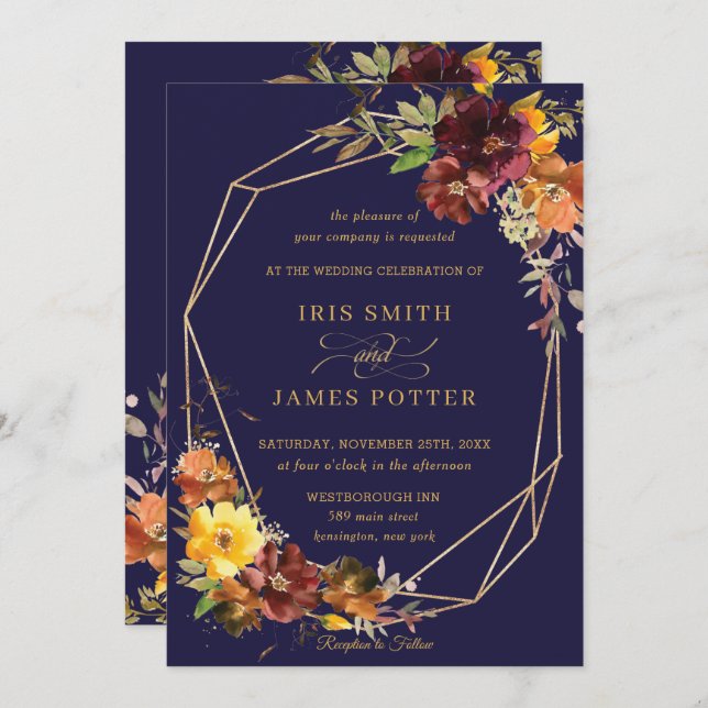 Rustic Burgundy Orange Floral Wedding Geometric Invitation (Front/Back)