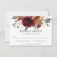 Rustic Burgundy Orange Floral Wedding RSVP Card