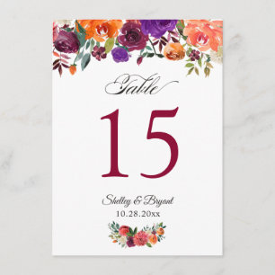 Rustic Burgundy Orange Floral Wedding Table Number