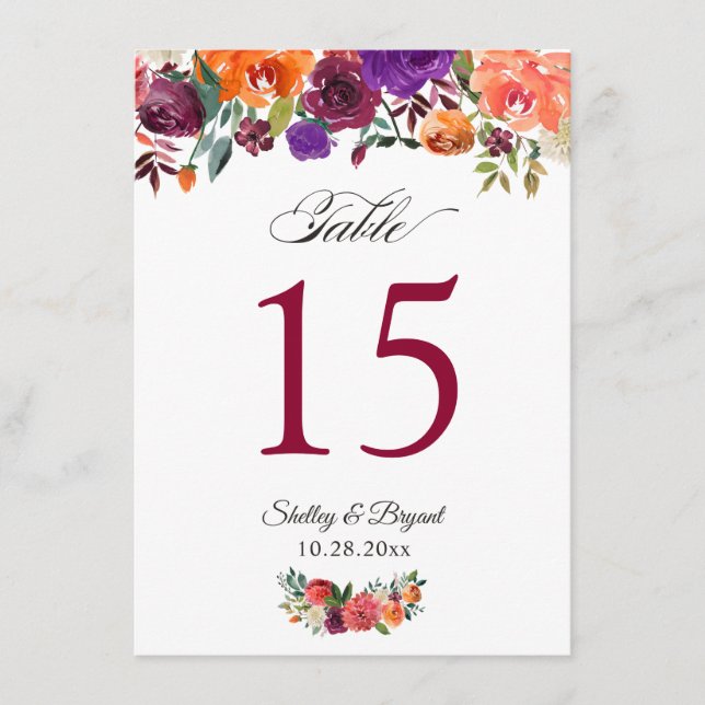 Rustic Burgundy Orange Floral Wedding Table Number (Front)