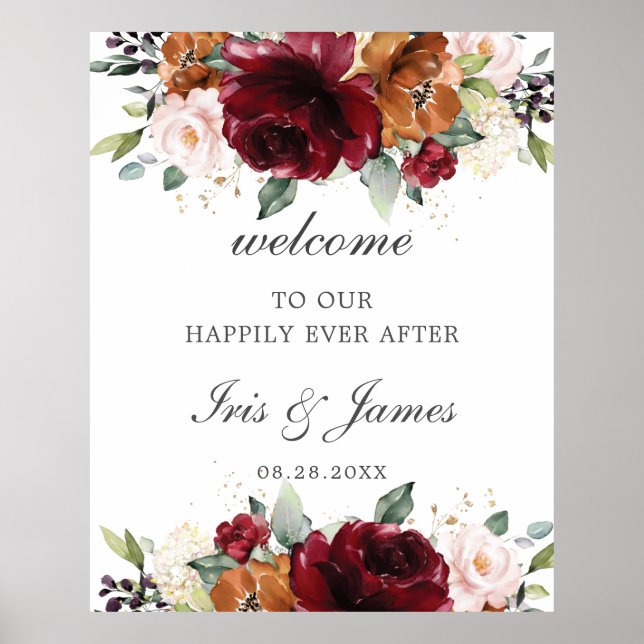 Rustic Burgundy Orange Floral Wedding Welcome Sign (Front)