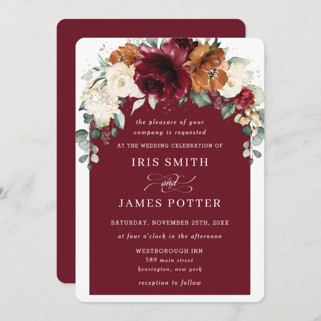 Rustic Burgundy Orange Ivory Floral Arch Wedding Invitation (Front/Back)