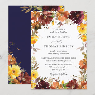 Rustic Burgundy Orange Yellow Floral Fall Wedding Invitation