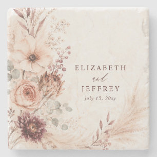 Rustic Burgundy Pampas Floral Fall Wedding Stone Coaster