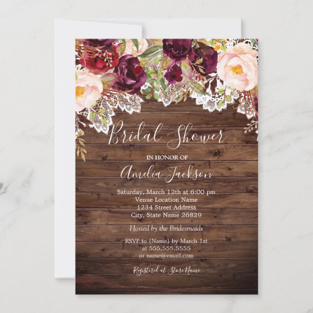 Rustic Burgundy Peach Floral Bridal Shower Invitation (Front)