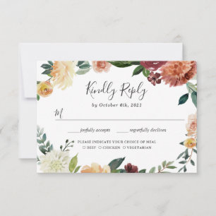 Rustic Burgundy Peach Floral Wedding RSVP Card