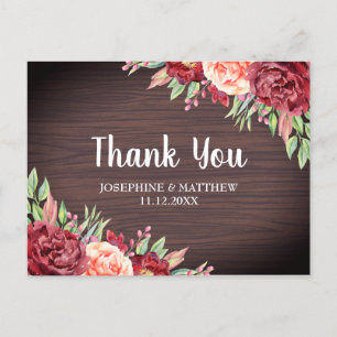 Rustic Burgundy Peach Floral Wedding Thank  You Postcard