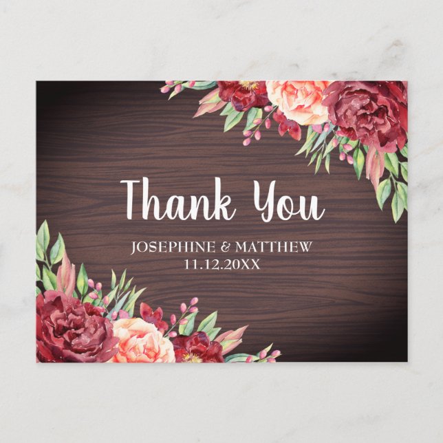 Rustic Burgundy Peach Floral Wedding Thank  You Postcard (Front)