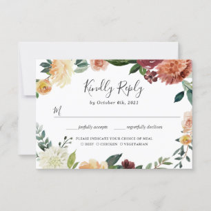 Rustic Burgundy Peach Orange Floral Wedding RSVP Card